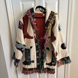Vintage Fits Size 6-12 100% Cotton Western Cowboy Boot Print Blanket Coat